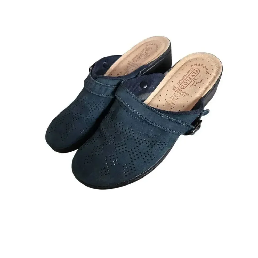 Fly Flot Italian Leather Mule Women's Size 40 Shoes Clogs Navy Atomic Leather